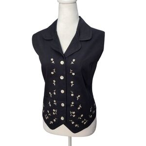 NWT Talbots‎ Black Vest and Embroidered White Flowers  Size Medium